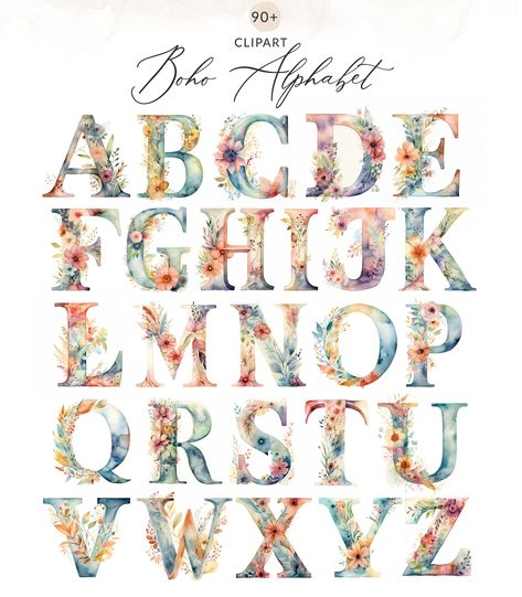 Boho Alphabet, Brush Lettering Alphabet, Kitty Clipart, Hello Kitty Clipart, Calligraphy Letters Alphabet, Watercolor Alphabet, Decoupage Tissue Paper, Boho Watercolor, Hand Drawn Fonts