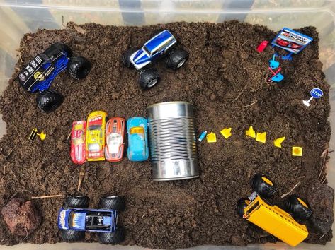 Car Themed Sensory Bin, Monster Truck Dirt Track Diy, Hot Wheels Sensory Bin, Race Car Sensory Bin, Monster Truck Activities For Kids, Monster Truck Activities For Preschool, Monster Truck Crafts Preschool, Monster Truck Sensory Bin, Monster Truck Craft