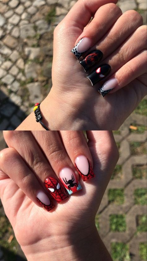 Miles Morales Nail Art, Miles Morales Inspired Nails, Spiderman Nails Miles Morales, Miles Morales Nails, Dec Nails, Nails Spiderman, French Tip Short, Acrylic French Tip, Spiderman Nails