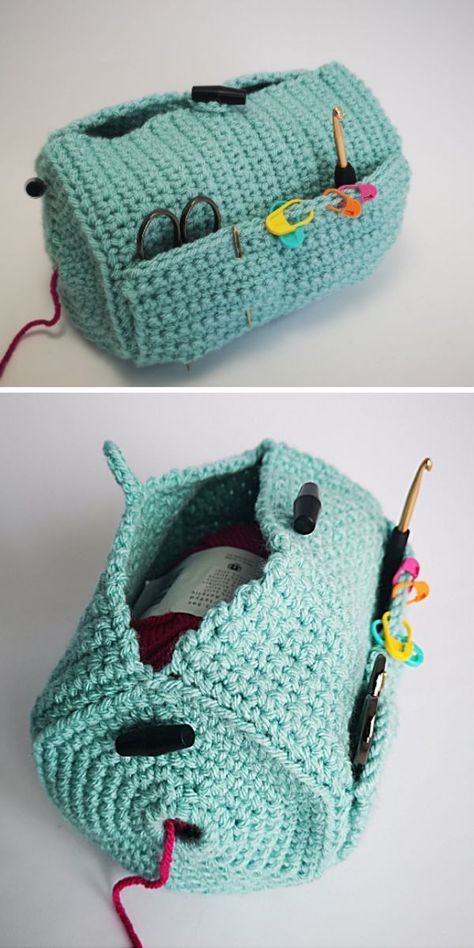 a crocheted bag with crochet tools Crochet Yarn Bag, Small Crochet Gifts, Cozy Crochet Patterns, Crochet Storage, Quick Crochet Patterns, Crochet Tools, Bag Pattern Free, Crochet Bag Pattern Free, Crochet Business