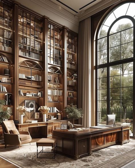 Home Library Room Luxury, Business Office Interior Design Modern, Luxury Home Library, Business Office Interior Design, English Interior Design, Colonial House Exteriors, Home Library Rooms, Library Interior, Classical Interior