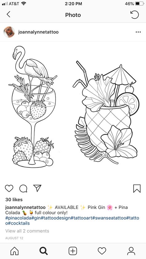 Pina Colada Drawing, Pina Colada Tattoo, Pink Gin, Flash Tattoos, Pina Colada, Flash Tattoo, Drawing Reference, Geometric Tattoo, Gin