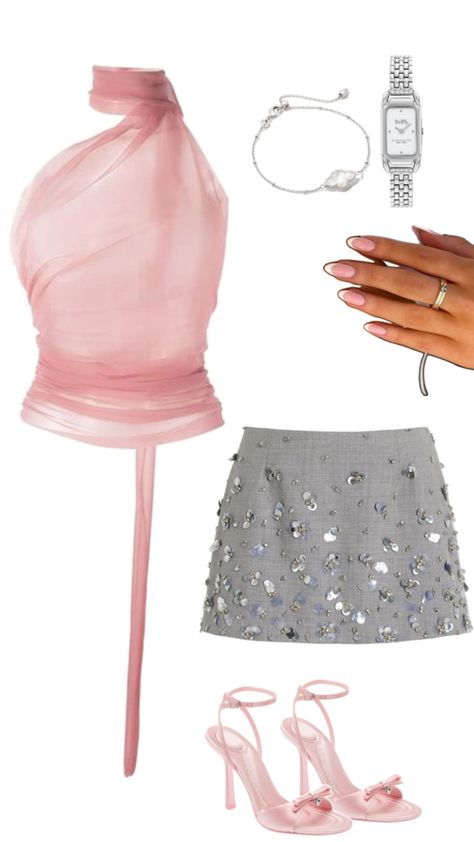 #summeroutfits #outfitinspo #pink #grey #pinkandgrey #alexanderwangheels Pink And Silver Outfit, Pink And Grey Outfit, Silver Skirt Outfits, Svt Concert, Silver Outfits, Cute Vacation Outfits, Silver Skirt, Grey Outfit, Night Out Outfit