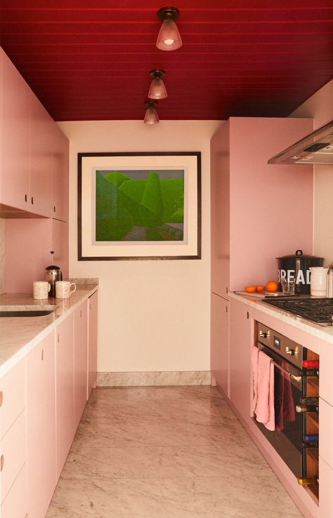 Windowless Kitchen, Buchanan Studio, Pink Kitchen Cabinets, Red Ceiling, Mews House, Built In Cabinet, Big Kitchen, Kitchen Cabinet Colors, Pink Kitchen