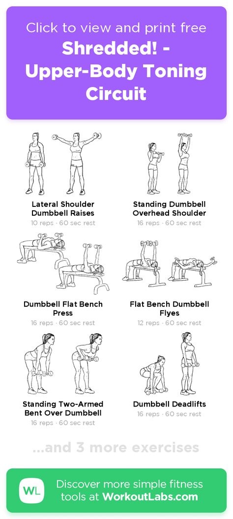 Shredded! - Upper-Body Toning Circuit – click to view and print this illustrated exercise plan created with #WorkoutLabsFit Fast Fat Burning Workout, Workoutlabs Fit, Upper Body Circuit, Tone Body Workout, Workout Labs, 12 Minute Workout, Body Toning, Tone Thighs, Daily Exercise Routines