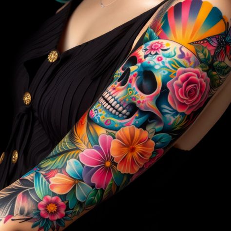 Dive into the world of skull tattoos with these unique designs that blend artistry with deep symbolism. #ai #tattoo #tattoo_for_woman #tattoo_ideas #tattoo_for_man Sugar Skull Tattoos For Women, Bright Colorful Tattoos, Pretty Skull Tattoos, Arm Tattoos Color, Floral Skull Tattoos, Girly Skull Tattoos, Skull Tattoo Designs, Tattoos Color, Colour Tattoo For Women