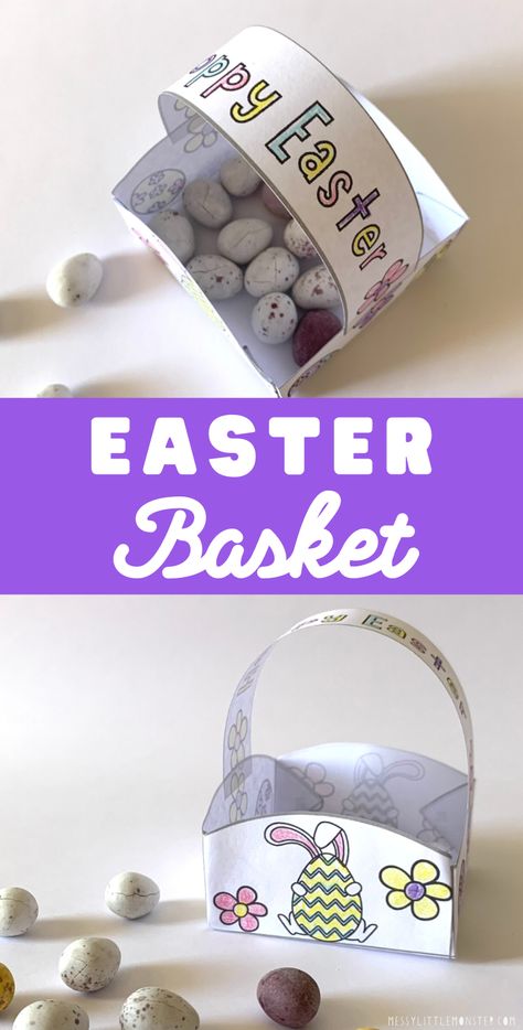 Printable Easter basket template to make an easy Easter craft for kids Paper Easter Basket Template, Easter Bunny Basket Craft, Easter Basket Printable, Easter Basket Craft, Easter Basket Template, Basket Template, Paper Easter Basket, Easter Craft For Kids, Homemade Easter Baskets