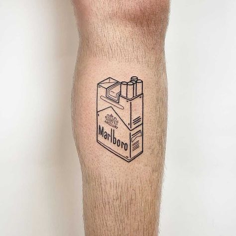 A pack of Marlboro cigarettes tattooed on the left calf by @themagicrosa Homemade Tattoo Ink, Batman Tattoo, Make Tattoo, Bad Tattoos, Tattoo Removal, Star Tattoos, Popular Tattoos, Tattoo Ink, Piercing Tattoo