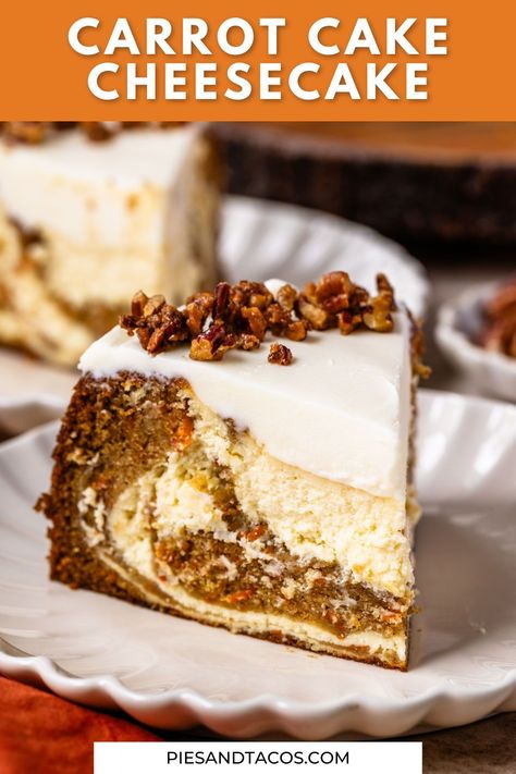 This Carrot Cake Cheesecake combines two of my favorite desserts: Carrot Cake, and Cheesecake. Swirls of fluffy carrot cake and creamy cheesecake get baked together to form this stunning treat. The cheesecake is topped with Cream Cheese Frosting and Caramelized Pecans. Reese Pie, Cake And Cheesecake, Fall Cheesecake, Caramelized Pecans, Carrot Cake Cheesecake Recipe, Carrot Cheesecake, Cheesecake Frosting, Carrot Cake Cheesecake, Easy Carrot Cake