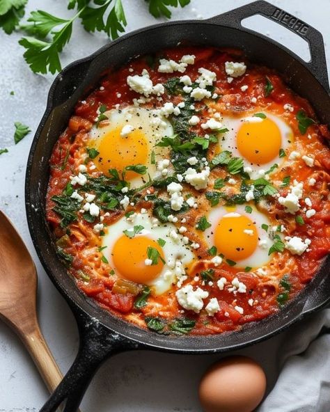 Flavorful Kitchen Adventures Shakshuka Breakfast, Shakshuka With Feta, Shakshuka Recipe, Mediterranean Breakfast, Shakshuka Recipes, Yellow Bell Pepper, Spinach Recipe, Creamy Eggs, Feta Recipes