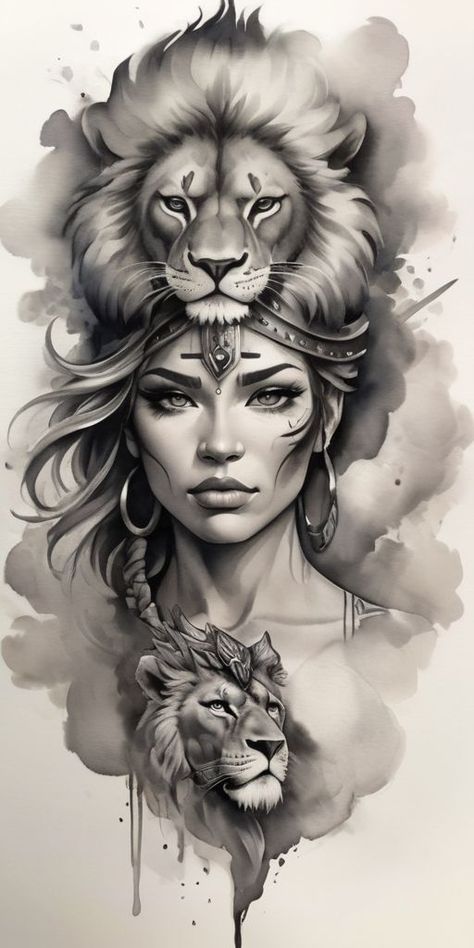 Lion Woman Tattoo, Princess Warrior Tattoo, Valkyrie Tattoo Woman Female Warriors, Aztec Woman Tattoo, Warrior Women Tattoo, Woman Warrior Tattoo Goddesses, Warrior Queen Tattoo, Female Warrior Tattoo Strength, Lion Head Tattoo Design