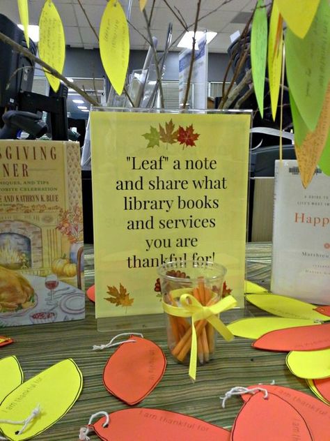 Fall Library Displays, Passive Programming Library, Fall Library, School Library Displays, Teen Library, Middle School Libraries, Thankful Tree, Library Themes, Library Book Displays