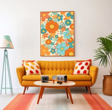 Yellow Aesthetic Room Decor, 70s Decor Living Room, 70s Interior Design Retro, Content Room, 1960s Decor, Flower Retro, Yellow Sofa, 70s Decor, Unique Illustration