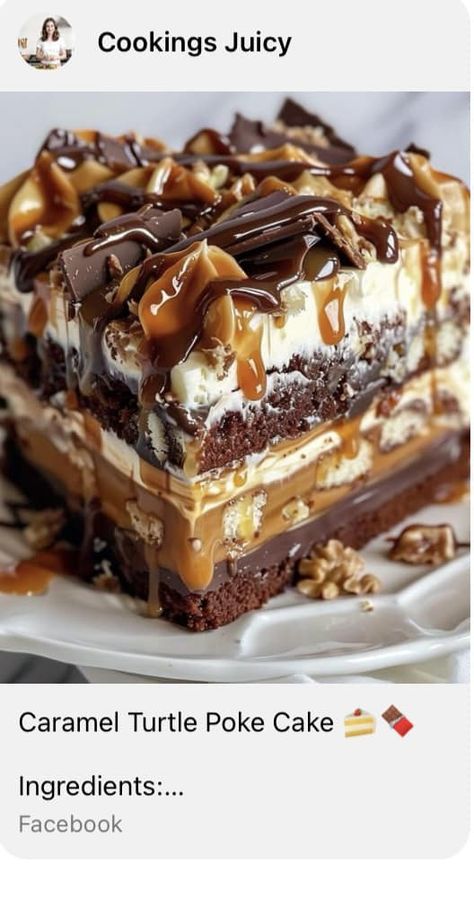 Cooking Juicy | Looking for the recipe for the Caramel Turtle Poke Cake. | Facebook Carmel Turtle Poke Cake, Caramel Turtle Poke Cake, Turtle Poke Cake Recipe, Turtle Sheet Cake Recipe, Turtle Cake Recipe, Turtle Poke Cake, Chocolate Turtle Cake, Cream Cheese Homemade, Turtles Cake