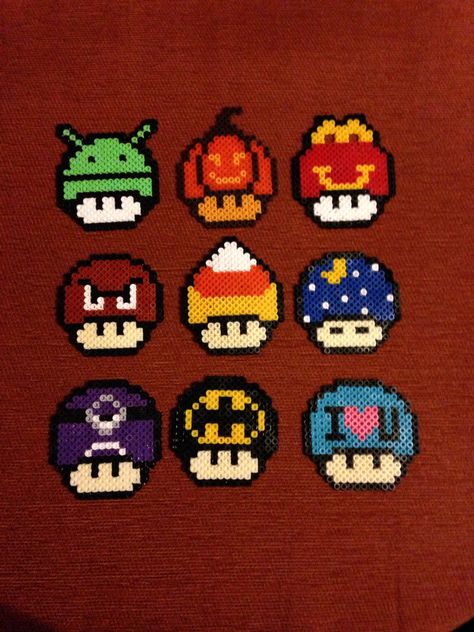 New mushrooms Mushroom Perler, Mini Mario, Perler Bead Mario, Perler Beads Ideas, Perler Creations, Melty Bead Patterns, Pony Bead Patterns, Fusion Beads, Hama Beads Design