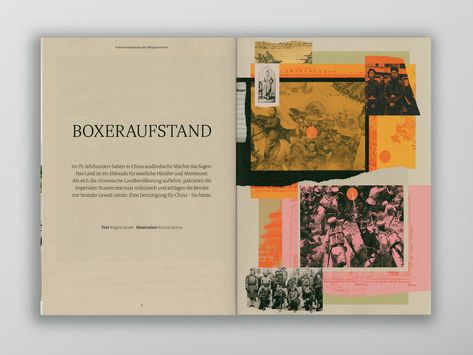 Office Santos → Boxer Uprising - NZZ Geschichte Scrapbook Editorial Design, Zine Design Inspiration, Magazine Collages, Portfolio Website Inspiration, Graphic Design Magazine, Magazine Layout Inspiration, Graphic Layout, Book And Magazine Design, Editorial Design Layout