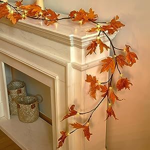 Fudios Lighted Maple Leaf Garland with Timer 24 Warm White LED 6FT for Fall Thanksgiving Decor, Artificial Garland with Lights Battery Operated Harvest Christmas Decoration Indoor Outdoor Battery Operated Garland, Garland With Lights, Pre Lit Garland, Christmas Wedding Decorations, Artificial Garland, Fall Garland, Fall Thanksgiving Decor, Indoor String Lights, Christmas Fireplace