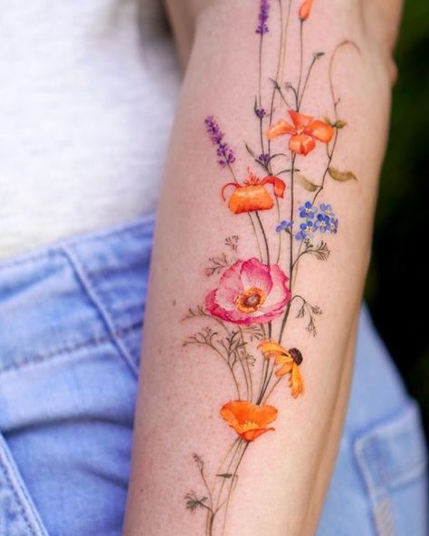 Adornment Tattoo, Delicate Feminine Tattoos, Wildflowers Tattoo, Tattoo Wings, Botanical Tattoos, California Wildflowers, Ankle Tattoos For Women, Tattoo Leg, Wildflower Tattoo