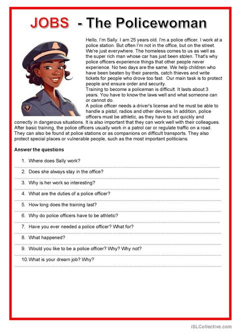 Jobs - The police woman general read…: English ESL worksheets pdf & doc Read English, Presente Simple, Esl Reading, Reading Comprehension Lessons, English Exercises, English Phrases Idioms, Learning English For Kids, Essay Writing Skills, Learning Difficulties