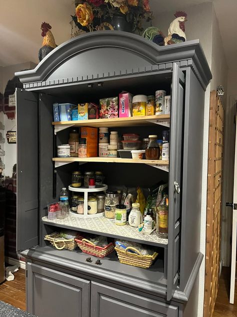 An old television armoire we turned into a useful extra storage kitchen cabinet. Thanks Babe for putting the extra shelving in. Convert Armoire To Pantry, Tv Armoire Coffee Bar, Armoire In Kitchen, Tv Armoire Repurposed, Kitchen Armoire, Tv Hutch, Armoire Ideas, Old Television, Extra Kitchen Storage