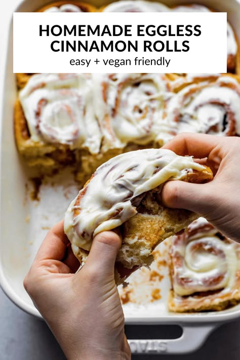 These Eggless Cinnamon Rolls are soft, fluffy, and super gooey in the middle! They're easy to make and come together with 8 basic ingredients. You can easily make these homemade cinnamon rolls vegan by using vegan butter and non-dairy milk. as they're already egg-free. Gluten Free Egg Free Cinnamon Rolls, Cinnamon Rolls Homemade Eggless, Dairy Free Egg Free Thanksgiving Recipes, Egg Free Cinnamon Roll Recipe, No Egg Cinnamon Rolls, Cinnamon Rolls Eggless, Eggless Cinnamon Rolls Homemade, Cinnamon Rolls Without Eggs, Cinnamon Rolls Homemade No Egg