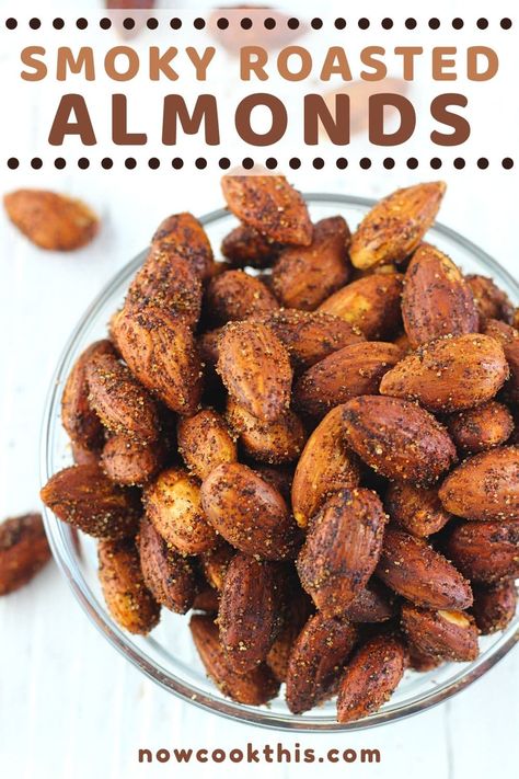 These Smoky Roasted Almonds are a quick, easy, healthy (and addictive) snack that you make right in your own oven...no smoker needed! They're subtly smoky, garlicky, salty, and absolutely delicious. Perfect as a pre-dinner nibble, great paired with drinks, and fabulous for snacking any time. Get the recipe and try them! #smokyroastedalmonds #roastedalmonds #almonds #snacks #healthysnacks Seasoned Roasted Almonds, How To Season Almonds, Roasted Almonds Recipe Healthy, Oven Roasted Almonds Recipe, Cocoa Almonds Recipe, Roasted Almond Recipes, Roast Almonds In Oven, Seasoned Almonds Recipes, Smokehouse Almonds Recipe