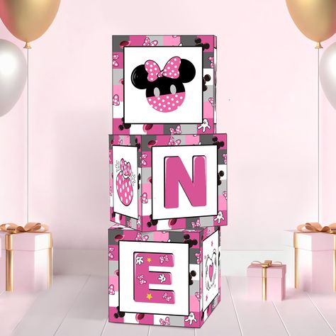 Minnie Mouse First Birthday Party Ideas, Minnie 1st Birthday Party, Minnie First Birthday, Minnie 1st Birthday, One Year Old Birthday Party, Balloon Boxes, Minnie Mouse Birthday Theme, One Year Old Birthday, Box Decorations