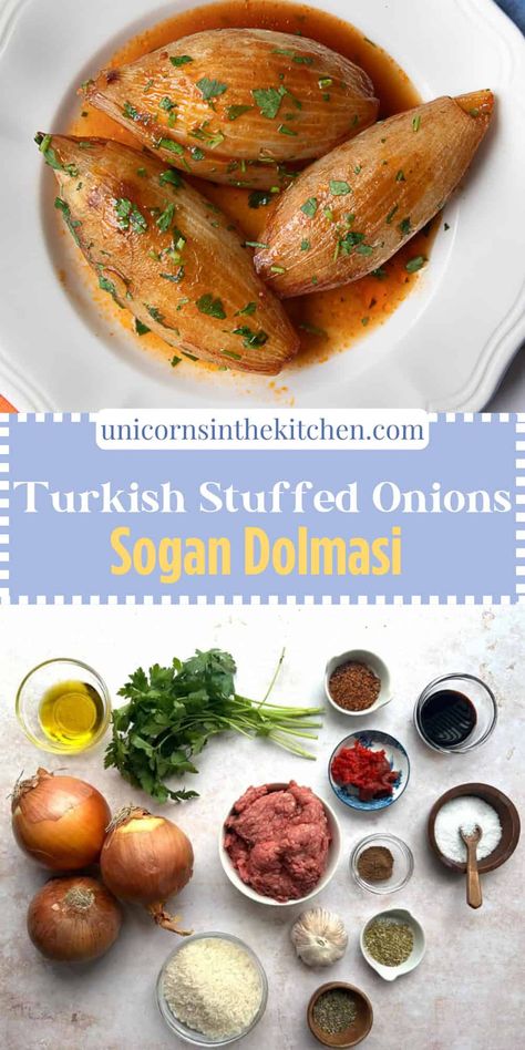 Turkish Stuffed Onions (Soğan Dolması) Unique Thanksgiving Recipes, Stuffed Onions, Turkish Vegetables, Stuffed Vegetables, Yummy Dishes, Doner Kebab, Kebab Recipes, Lebanese Recipes, Onion Recipes