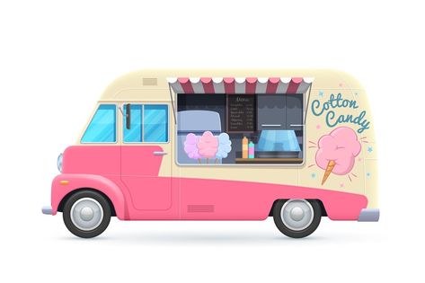 Cotton candy food truck, isolated vector van, cartoon car for street food desserts selling. Pink automobile cafe or restaurant on wheels with sweet candy cotton assortment, canopy and chalkboard menu Candy Food Truck, Cotton Candy Food, Van Cartoon, Street Food Design, Candy Car, Candy Food, Coffee Roastery, Candy Cart, Ice Cream Van