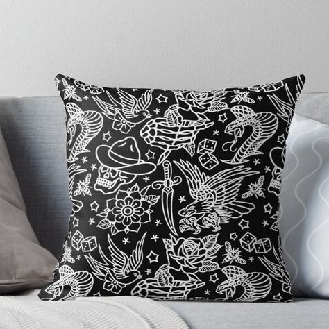 American Traditional Tattoo Flash, Skull Flower, Dark Home Decor, Repeat Prints, Dark Home, Traditional Tattoo Flash, Print Pillow, Disco Balls, Skeleton Hand