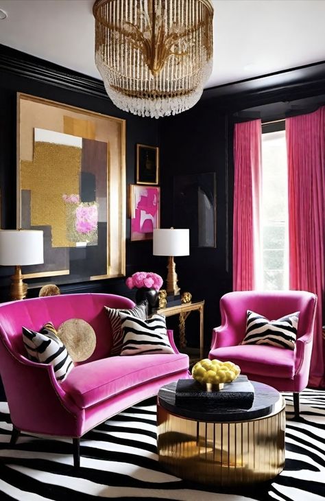 Black White Hot Pink Living Room, Hot Pink Living Room, Magenta Interior Design, Podcast Set Design, Hot Pink Furniture, Pink Eclectic, Pink Living Room Decor, Glam Living Room Decor, Salon Suites Decor