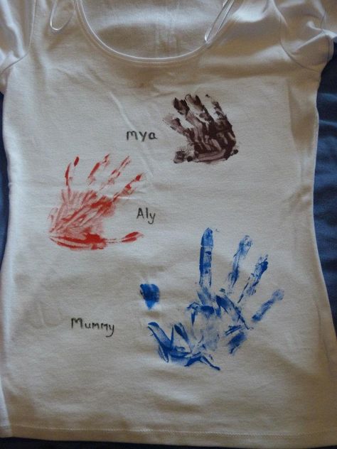 Handprint T-shirt. Hand Print Shirt, Cousin Sleepover, Handprint Shirt, Friendship Paintings, Hand Printed Shirt, Family Hand Prints, Cousin Camp, Shirt Painting, Families Hands