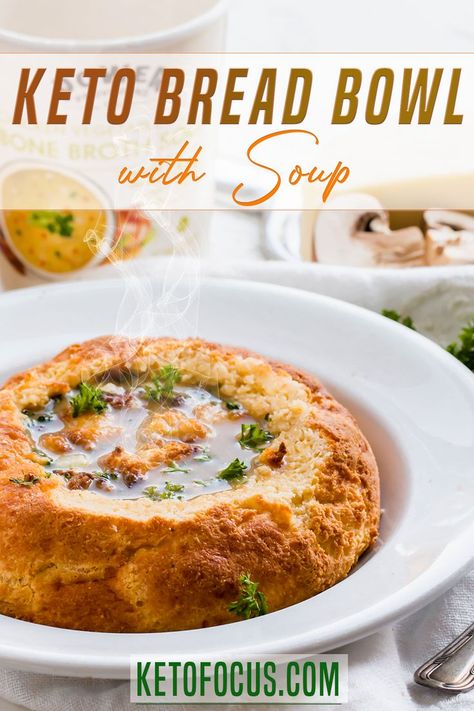 Enjoy a comforting bowl of your favorite soup in a homemade keto bread bowl.Everyone loves a good bread bowl! Especially when the weather is colder and you crave a hearty soup. A bread bowl provides a fun way to have soup with bread. Just rip off pieces of the bread bowl and dip it into your comforting bowl of soup. Click through to get the easy recipe and make your own Keto Bread Bowls today! | KetoFocus @ketofocus #ketobreadbowl #ketobread #ketofathead #ketosoup #ketofocus Keto Bread Bowl, Homemade Keto Bread, Soup With Bread, Bread Bowl Recipe, Keto Diet Results, Keto Pizza, Hearty Soup, Bread Bowl, High Fat Foods