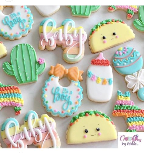 Fiesta Baby Shower Cookies, Taco Bout A Baby, Onesie Cookies, Mexican Wedding Cookies, Baby Gender Reveal Party, Baby Shower Outfit, Baby Cookies, Cookie Tray, Fiesta Baby Shower