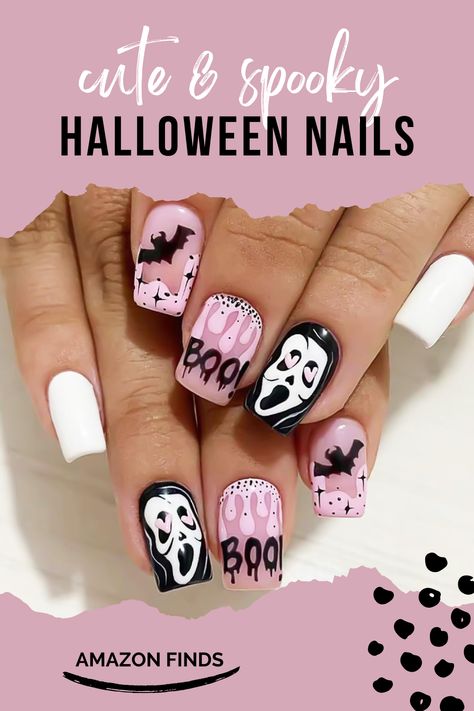 Nail Designs Simple Pink, Black And Light Pink Nails, Nails With Ghosts, Short Nail Designs Simple, Halloween Short Nail Designs, Pink Halloween Nails, Scream Nails, Bat Nails, Horror Nails