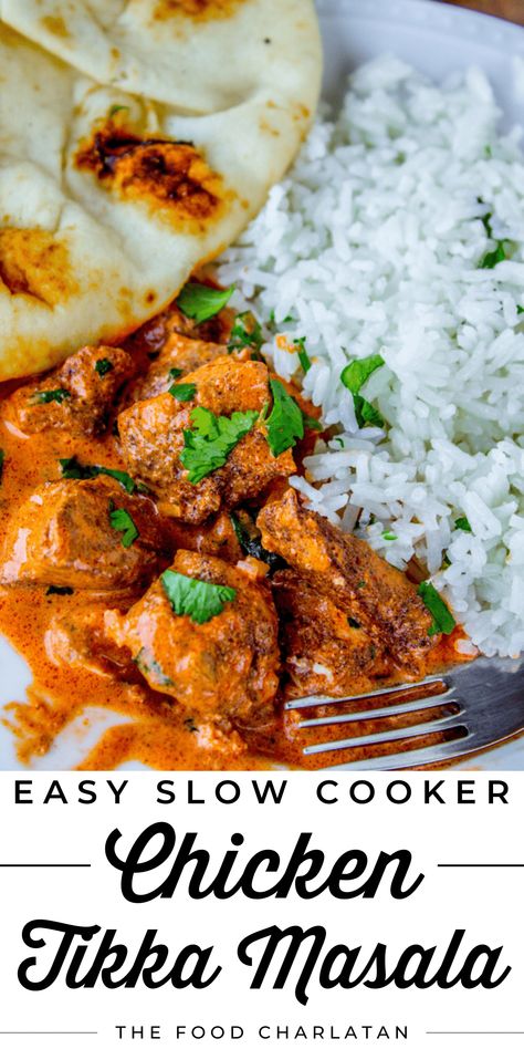 Chicken Tikka Masala Slow Cooker Recipe from The Food Charlatan. I've been making this Chicken Tikka Masala recipe for years, but recently adapted it for the slow cooker. It is SO GOOD. I may never go back! Tikka Masala is the one dish that I never get tired of ordering at Indian restaurants and this version is super easy and tastes restaurant quality. Let the amazing smell fill your house all day, then serve it up with some naan or jasmine rice (or both!). I just never get tired of Indian ... Tikki Marsala Chicken Crockpot, Tikka Masala Crockpot, Chicken Tiki Masala Crockpot, Chicken Tikka Masala Slow Cooker, Slow Cooker Chicken Tika Massala, Slow Cooker Tikka Masala, Crock Recipes, India Recipes, Chicken Tikka Masala Recipes