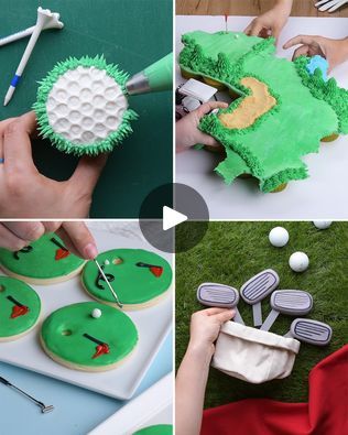 Swing by for some hole-in-one desserts! 🍪⛳️ | Swing by for some hole-in-one desserts! 🍪⛳️ | By So Yummy | Four. Hi, I'm Michael. I produced this video. Hi, I'm Janelle and I styled this video. And this is so yummy above the hands. Michael, let's talk about pull-apart cupcakes. Let's do it. So the trick here is actually to use buttercream to trace the outline of the golf course. You're kidding me. I know. Then you flip the cupcakes right on top, flip the pan, and you're done. A beautiful golf course that's perfect every time. That sounds like it's a little bit easier than it looks. It is. Next up, let's talk about golf ball cupcakes. This came to a dream, didn't it Janelle? It did, Michael. Just make sure when you're making this cupcake, you use clean bubble wrap. It'll turn out perfect e Golf Cupcake Ideas, Ball Cupcakes, Masters Party, Golf Cupcakes, Golf Cookies, Golf Fundraiser, Icing Designs, Italian Wedding Cookies, Golf Cake