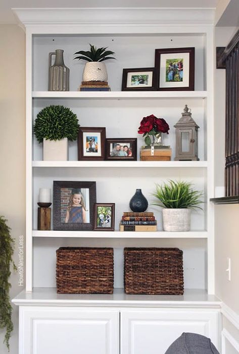 Styled Family Room Bookshelves - How to Nest for Less™ Bookshelves Decorating, Jars Decor, Styling Bookshelves, Bookshelves Decor, Room Bookshelf, Built In Shelves Living Room, Shelf Decor Living Room, Decorating Bookshelves, Bookshelves In Living Room