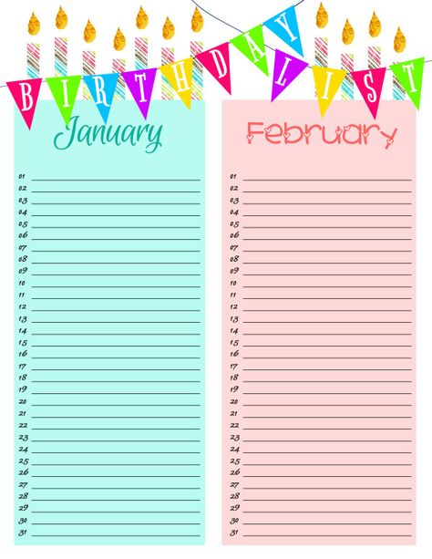 Free Printable Birthday List Organizer. Perfect for keeping track of lots of birthdays - family, grandkids, students and more Family Binder Organizer, January Planning, Primary Secretary, Young Women Leaders, Family Birthday Calendar, Organization Binder, Grandma Crafts, Free Calendars, Primary Program