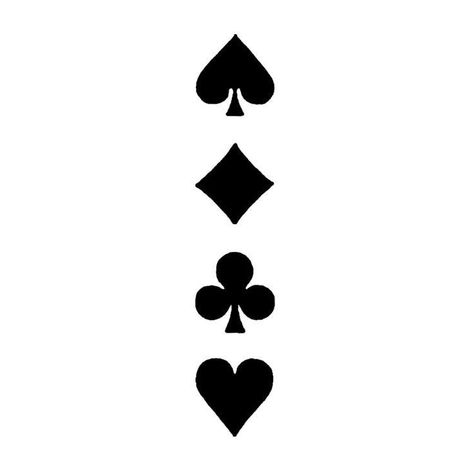 Four Suits Tattoo, Poker Suits Tattoo, Card Sign Tattoo, Card Symbols Design, Fine Line Playing Card Tattoo, Card Game Tattoo, Poker Cards Tattoo Design, Card Symbol Tattoo, Card Suits Tattoo