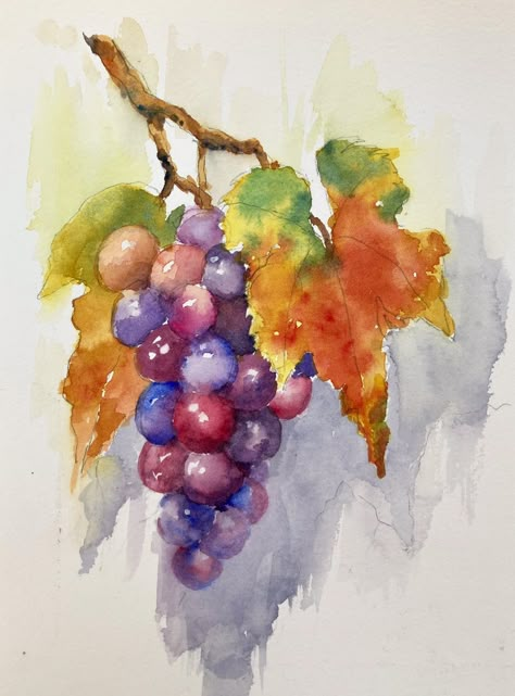 Transparent watercolor grapes demo Small Watercolor Paintings, Kitchen Painting Art, Grape Drawing, Watercolor Studio, Vineyard Art, Grape Painting, Fruit Wall Art, Contemporary Watercolor, Abstract Flower Art