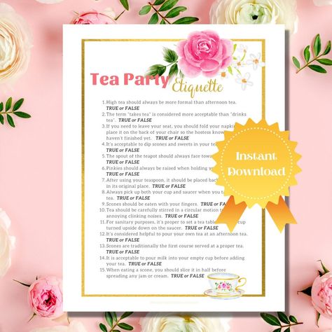 Tea Etiquette Game Ladies Tea Party Afternoon Tea - Etsy New Zealand Tea Etiquette Printable, Ladies Tea Party Ideas Church, Tea Party Games For Women, Tea Party Attire For Women, Womens Gathering, Galentines 2023, Tea Party Etiquette, Tea Party Bingo, Church Ladies Tea Party