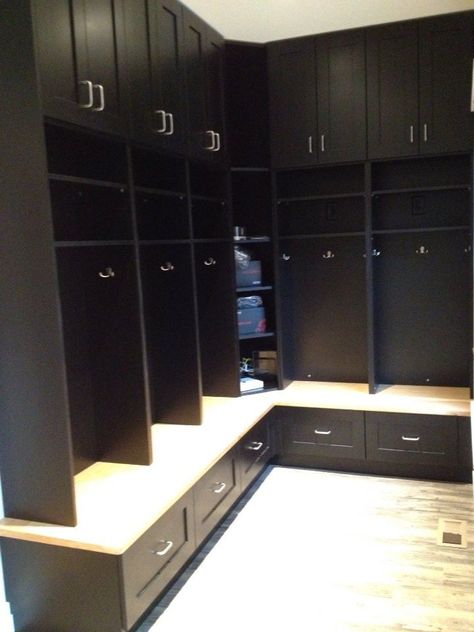 Julianna Chapman's mudroom, locker view. Lockers With Doors, Mudroom Storage Lockers, Laundry Room Redesign, Entry Way Lockers, Mudroom Locker, Corner Built In, Front Foyer, Garage Mudroom, Built In Lockers