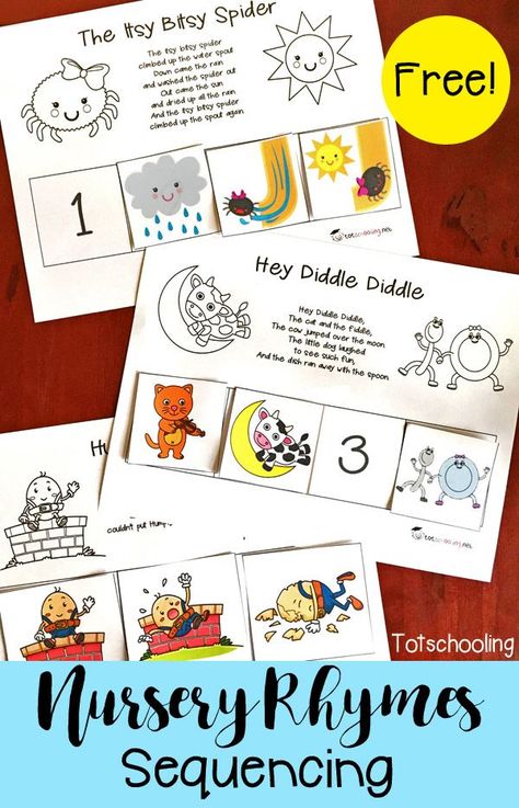 FREE printable set of Nursery Rhymes sequence puzzles, including Humpty Dumpty, Hey Diddle Diddle, Itsy Bitsy Spider, Baa Baa Black Sheep, Hickory Dickory Dock, Jack and Jill, and Three Blind Mice. Perfect for early literacy and reading comprehension for Free Nursery Rhymes, Rhyming Preschool, Nursery Rhyme Crafts, Nursery Rhymes Preschool, Nursery Rhyme Theme, Nursery Rhymes Activities, Hickory Dickory Dock, Three Blind Mice, Hickory Dickory