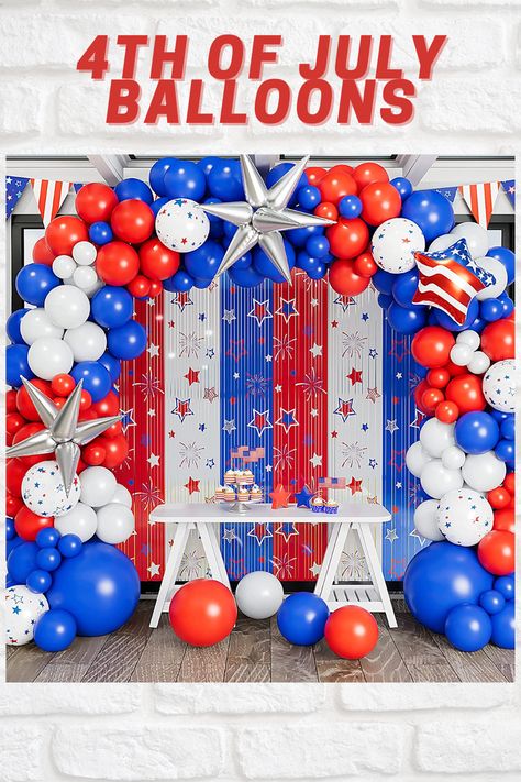 July 4th Balloon Kit White And Blue Balloon Garland, Patriotic Balloons, Blue Balloon Garland, Flag Cake Topper, Memorial Day Party, Fringe Curtains, Flag Cake, Blue Balloon, 4th Of July Decorations