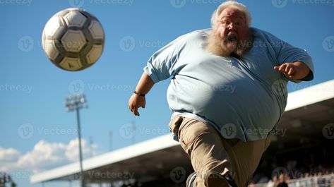 Senior funny fat man playing football on a soccer field with a ball in air. Man Playing Football, Fat Man, Playing Football, Cityscape Photos, Logo Banners, Heart With Arrow, Marketing Design, Custom Illustration, Custom Branding