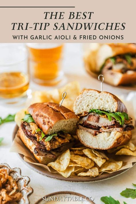 Tri-Tip Sandwiches with Fried Onions & Garlic Aioli Tri Tip Steak Sandwich Recipe, Meals For A Crowd, Tri Tip Sandwich, Salad Potato, Steak Sandwich Recipes, Sandwich Sauces, Leftover Steak, Gourmet Sandwiches, Slider Buns