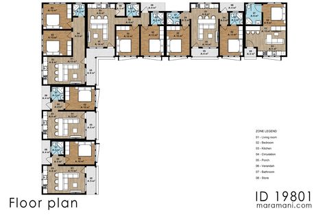 This single-storey apartment complex has 3 one-bedroom apartments and 3 two-bedroom apartments. The building is modern and has a small footprint, which makes it a good choice for a rental house.The floor plan of the apartments is well thought out and makes the most of the space. The living areas are open and roomy, and there is a lot of natural light coming in through the large windows. The living space also has a sitting area, a single-wall kitchen with a breakfast counter and room for modern a Single Room Apartment Design, Multi Family Homes Apartments, Apartments Plans Architecture, Apartment Floorplan Ideas, Flats House Apartments, 6 Apartment Building Plans, Tiny Apartment Floor Plans, 3 Apartment Building Plan, L Shaped Apartment Building