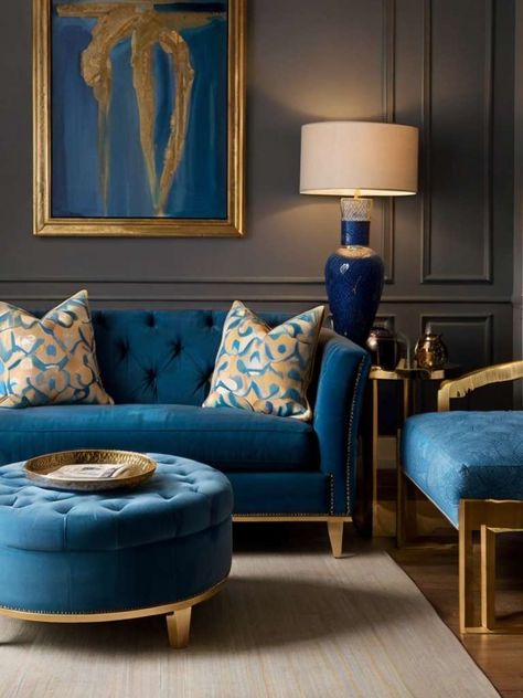 13 Gorgeous Living Room Decor Ideas With Blue Couch Mid Century Modern Blue Living Room, Velvet Blue Couch Living Room Decor, Teal Sofa Living Room Ideas, Turquoise Couch Living Room Ideas, Blue Velvet Couch Office, Vintage Blue Couch Living Room, Royal Blue Lounge, Glam Living Room With Blue Sofa, Royal Blue Sofa Living Room Ideas