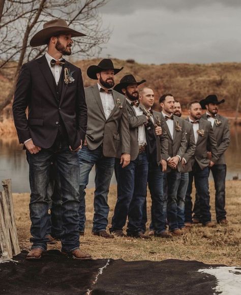 Western Wedding Cake Toppers Rustic, Groom Different Tie Than Groomsmen, Navy Blue And Sage Green Rustic Wedding, Rustic Western Fall Wedding Ideas, Groomsmen Attire Western Wedding, Boho Antler Wedding Decor, Country Farm Wedding Ideas, Grooms Western Wedding Attire, Wedding Suit Alternative